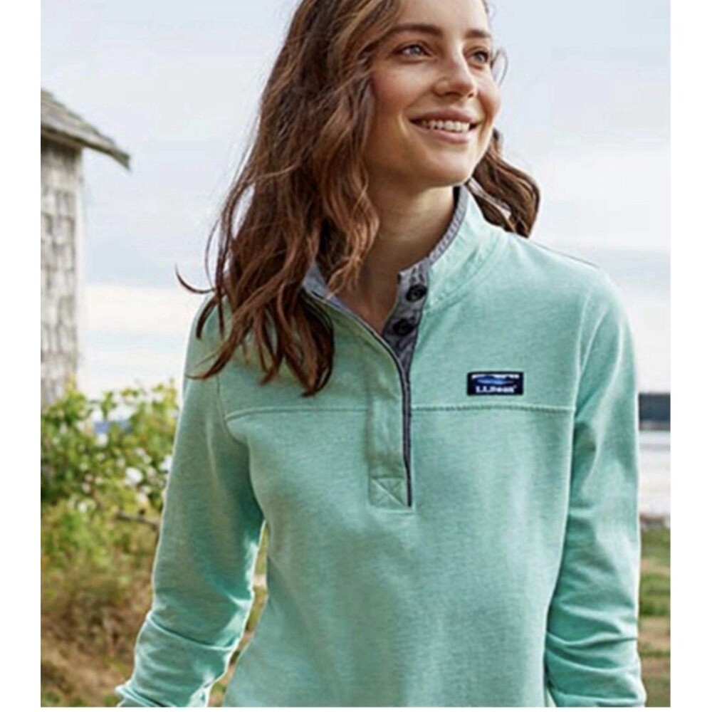 LL Bean 1/4 Button Pullover Long Sleeve Henley Rugby Top S Aqua Teal Blue Beach